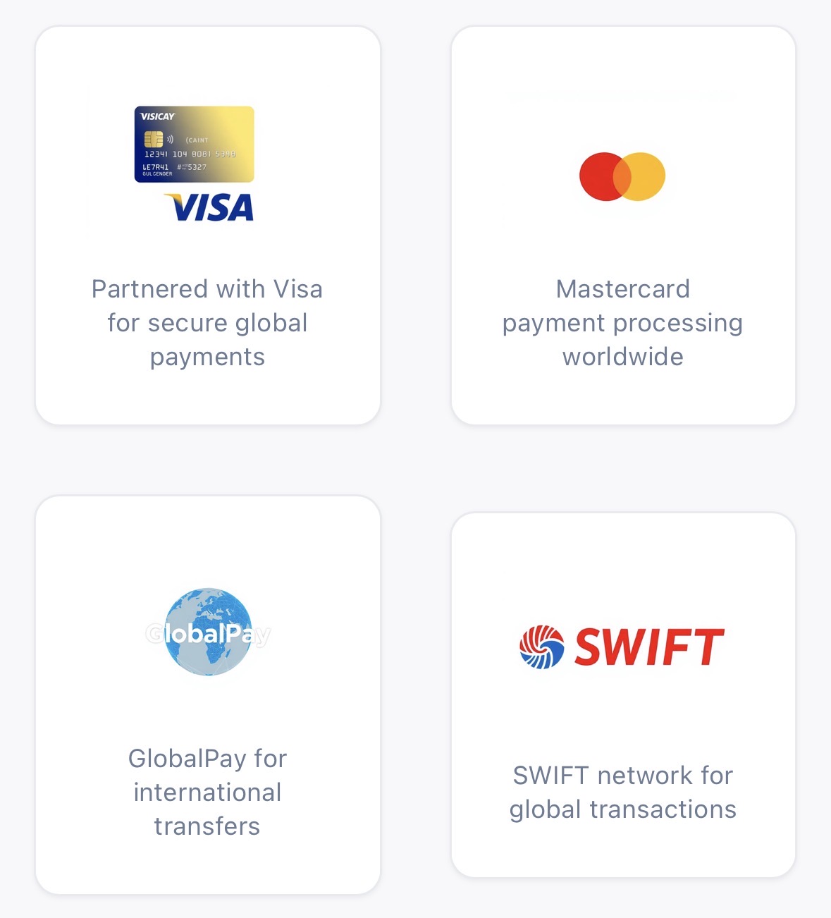 Our trusted financial partners: Visa, Mastercard, GlobalPay, and SWIFT