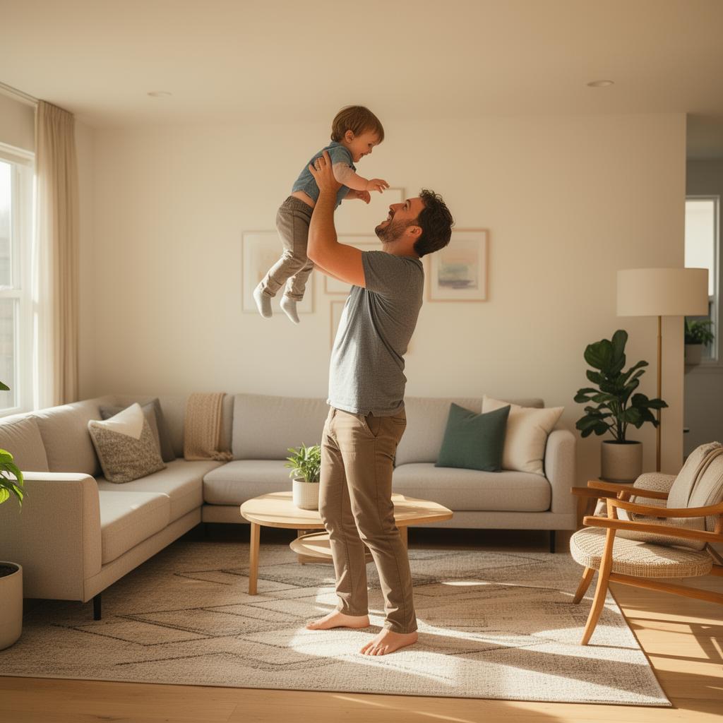 Father lifting his young child in a sunny living room