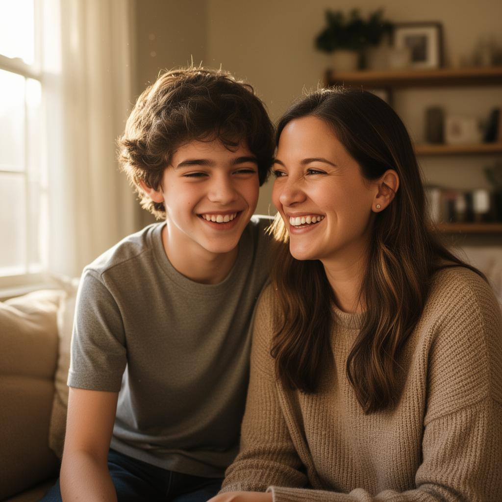 A mother and her teenage son smiling together