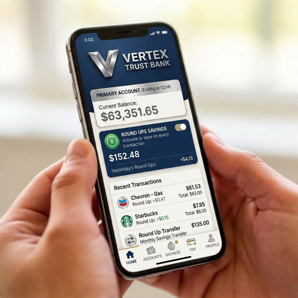 Vertex Trust Bank mobile app showing the Round Up savings feature