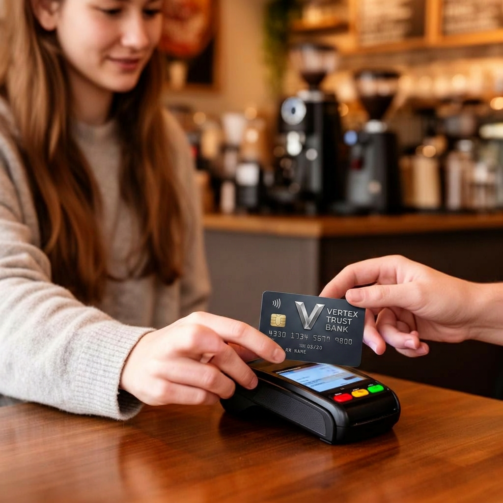 Woman paying with a contactless card at a coffee shop